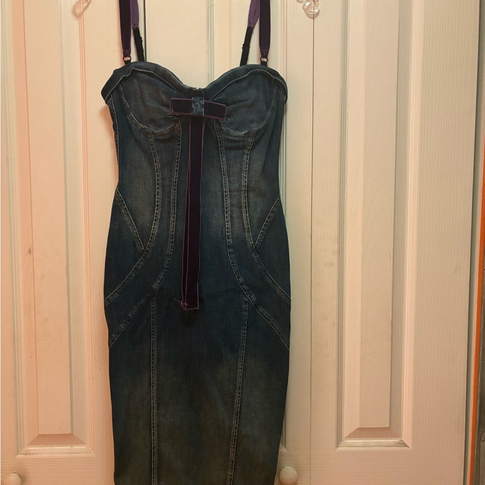 Dolce & Gabbana Denim Midi Dress with Purple Details